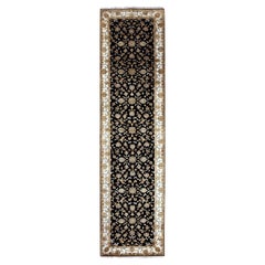 3'1 "x12'2" Caviar Black Rajasthan Hand Knoted Wool Silk Runner Oriental Rugs