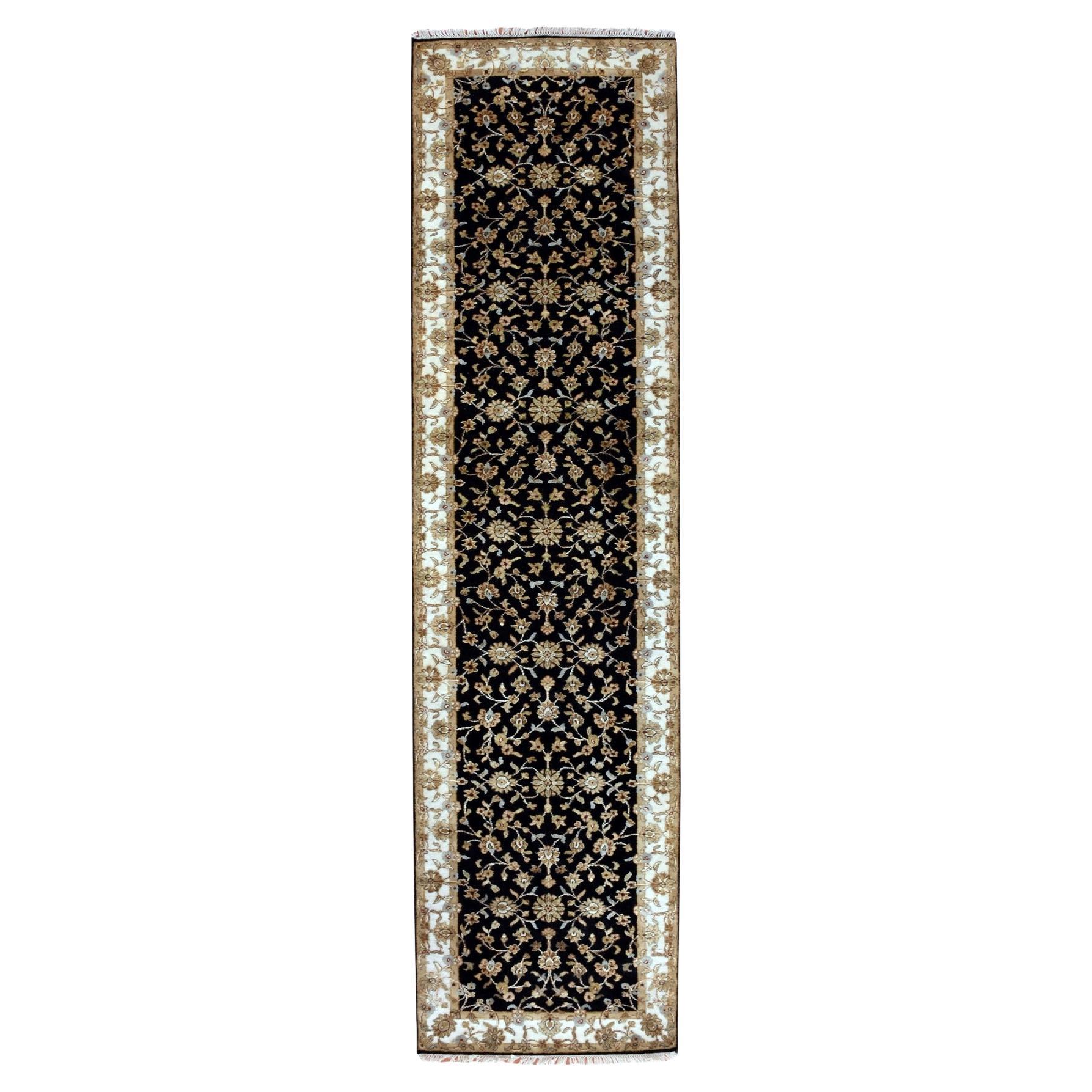 3
1"x12
2" Pitch Black Rajasthan Wool and Silk Hand Knotted Runner Rug For Sale