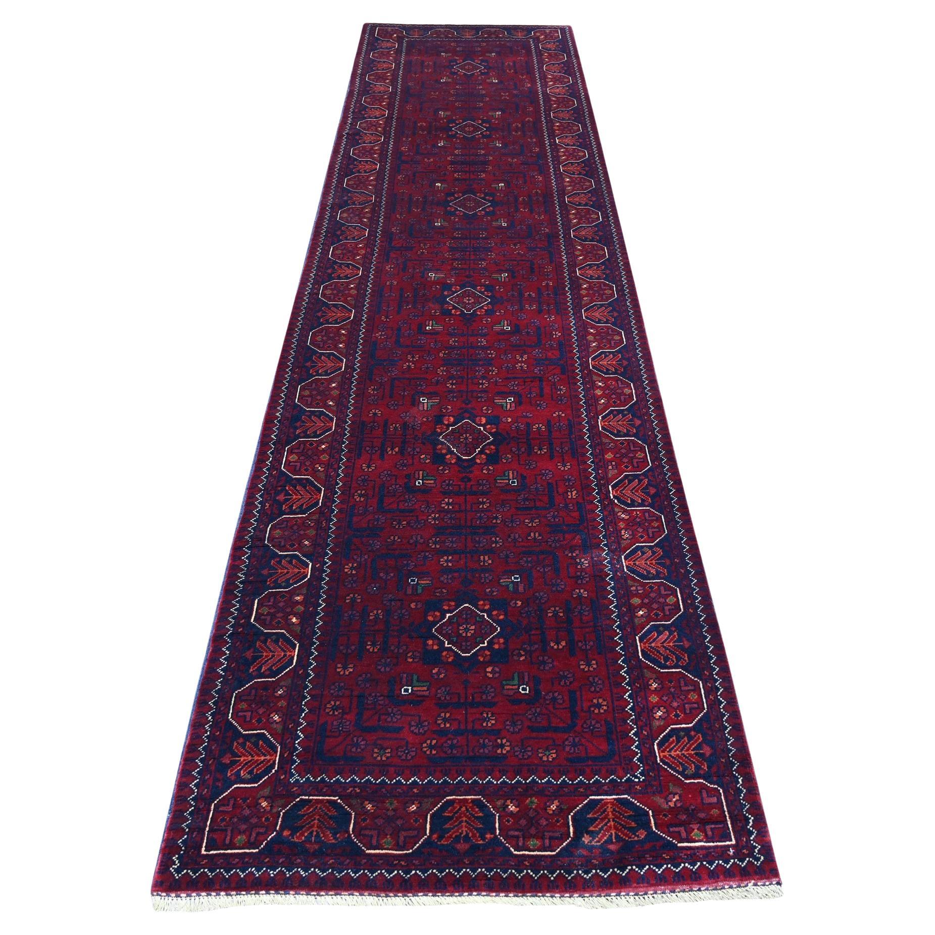 3'1"x12'2" Red Afghan Khamyab All Over Pattern Hand Knotted Pure Wool Runner Rug For Sale