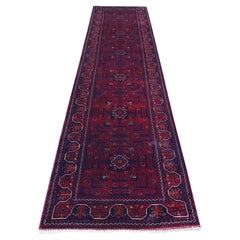3'1"x12'2" Red Afghan Khamyab All Over Pattern Hand Knotted Pure Wool Runner Rug