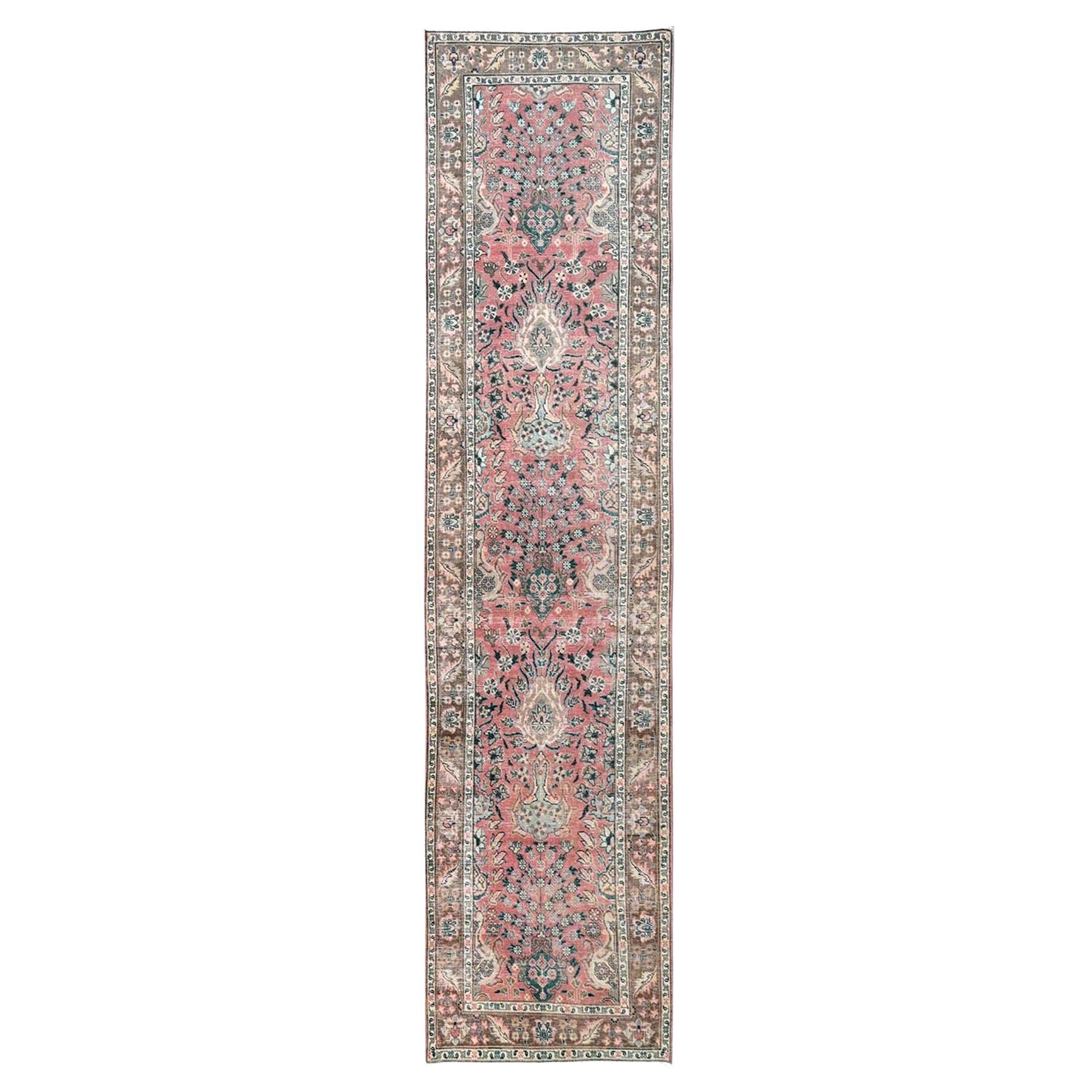 3'1"x13'2" Pink Vintage Zoroastrian Vase Design Hand Knotted Wool Runner Rug
