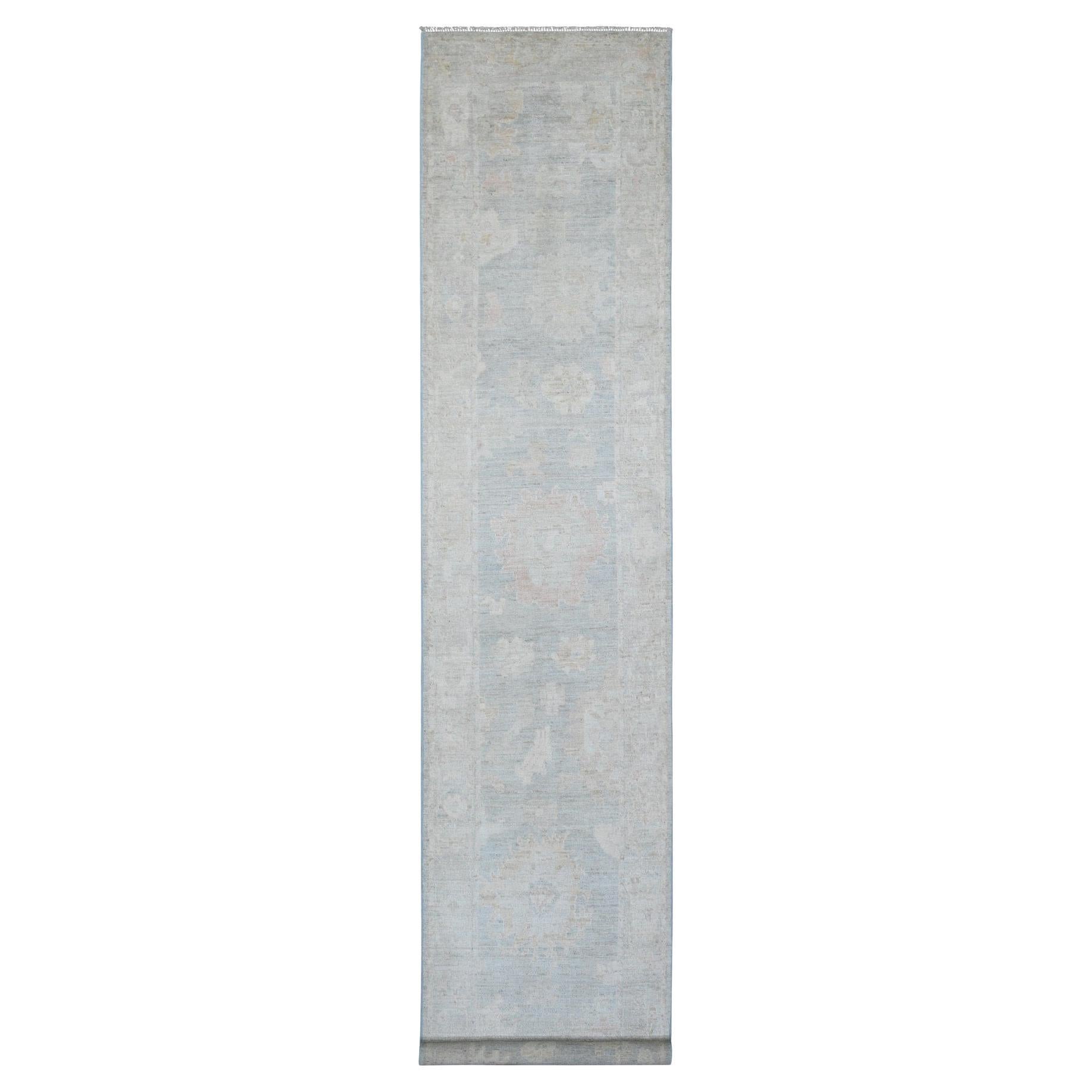 3'1"x15'6" Gray Afghan Angora Oushak Leaf Design Hand Knotted Wool Runner Rug