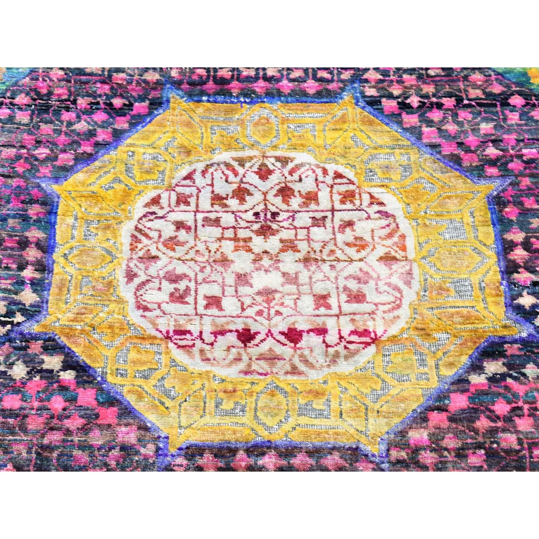 This is a truly genuine one-of-a-kind Lime Green, Mamluk Design with Colorful Medallions, Sari Silk with Textured Wool Hand Knotted, XL Runner Oriental Rug. It has been Knotted for months and months in the centuries-old weaving craftsmanship
