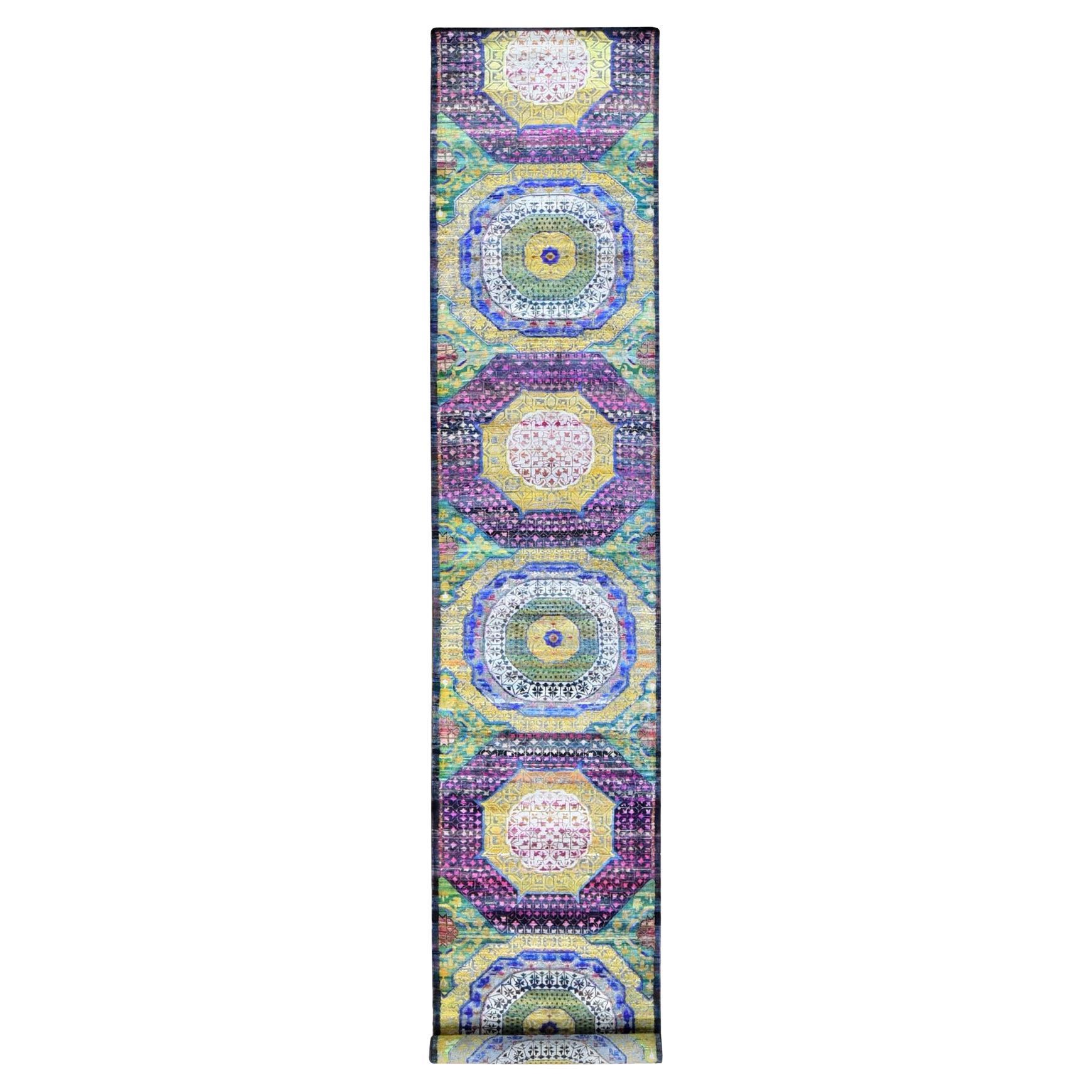 3'1"x17'4" Lime Green Mamluk Design Silk with Wool Hand Knotted XL Runner Rug For Sale