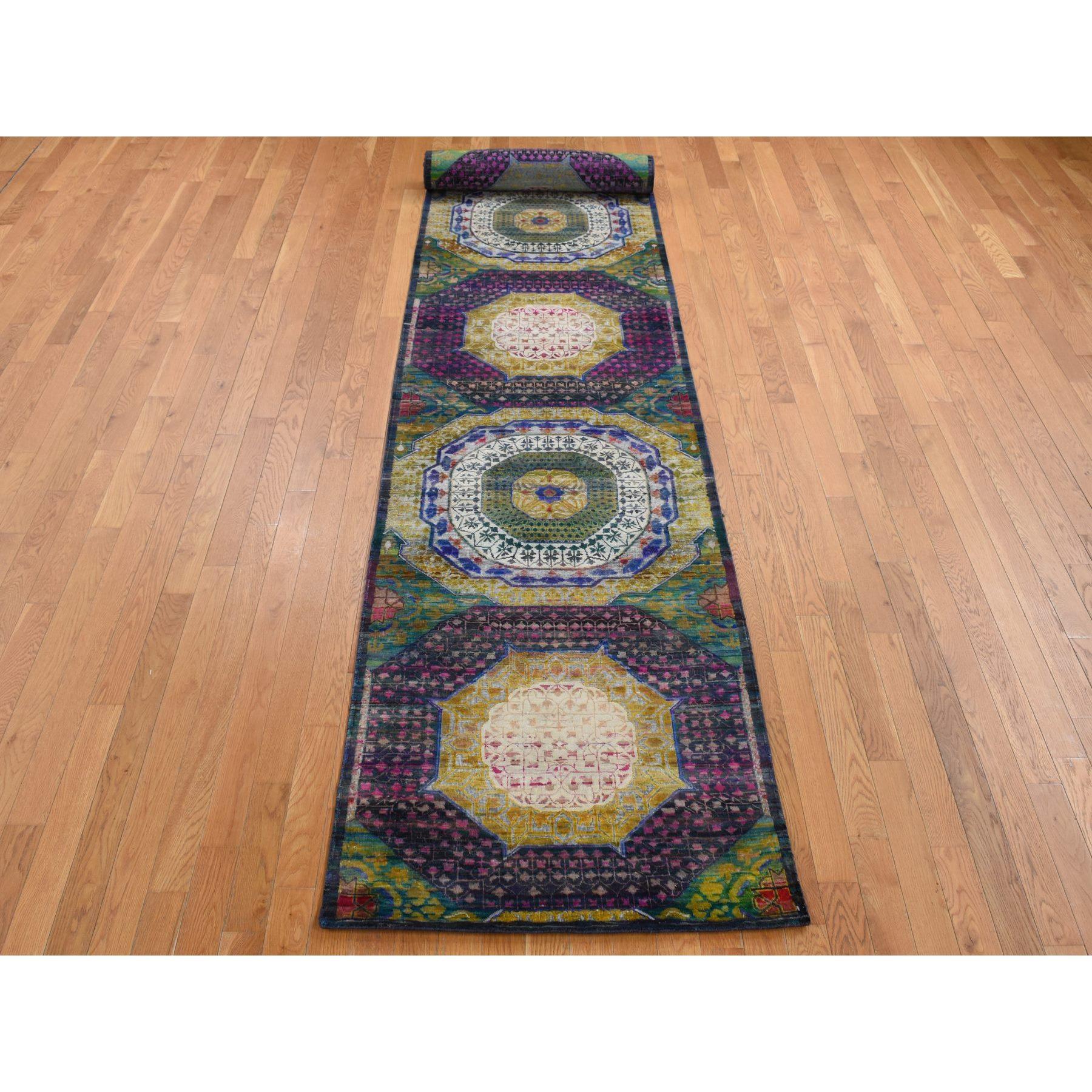 Goldenrod Yellow, Mamluk Design, Sari Silk with Textured Wool, Hand Knotted, XL Runner Oriental Rug
Primary materials: Wool & Sari Silk
Latex: No Pile 
height: 0.25 Inches
Style: Transitional
Primary color: Yellow
Secondary colors: Black, Pink,