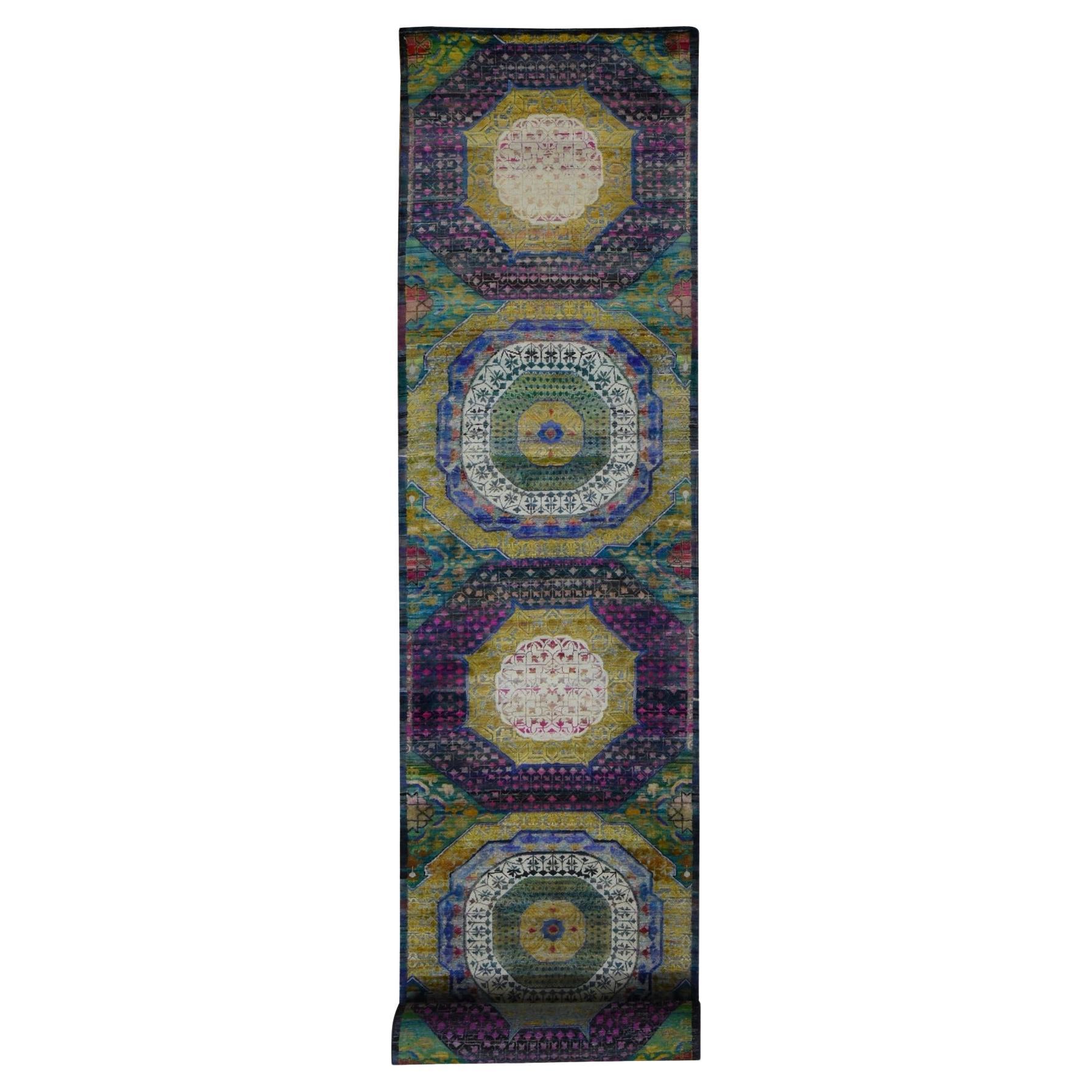 3'1"x19'3" Goldenrod Yellow Mamluk Design Silk with Wool Hand Knotted Runner Rug For Sale