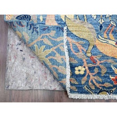 3'1"x19'4" Lake Blue Afghan Peshawar Birds Design Hand Knotted Wool Runner Rug