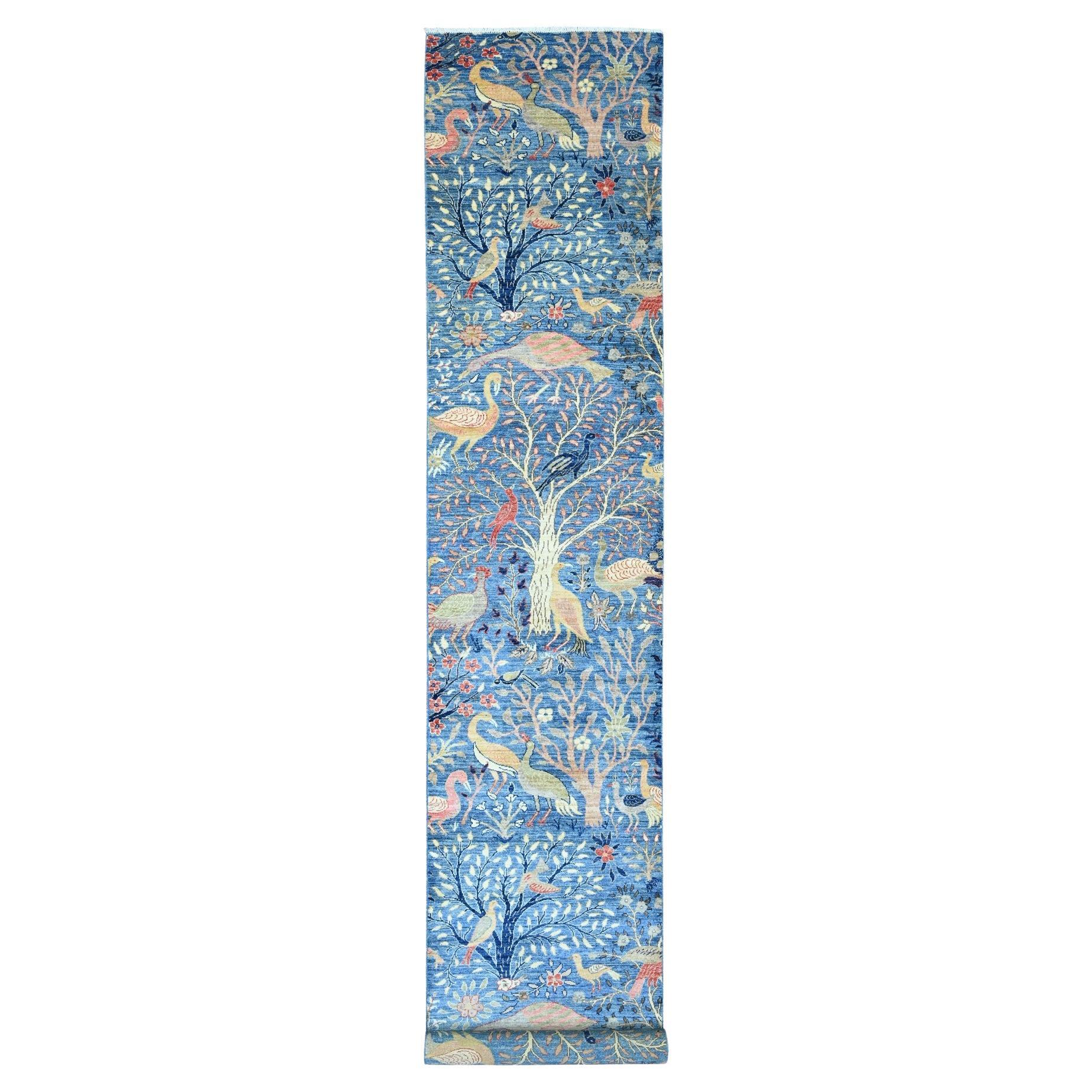 3'1 "x19'4" Lake Blue Afghan Peshawar Birds Design Tappeto Runner in Lana Annodato a Mano in vendita