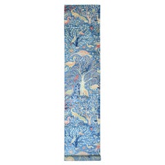 3'1"x19'4" Lake Blue Afghan Peshawar Birds Design Hand Knotted Wool Runner Rug