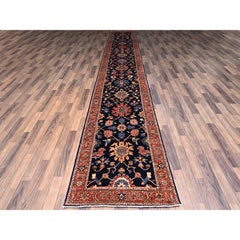 3'1"x19'5" Midnight Blue Heriz All Over Design Hand Knotted Soft Wool Runner Rug