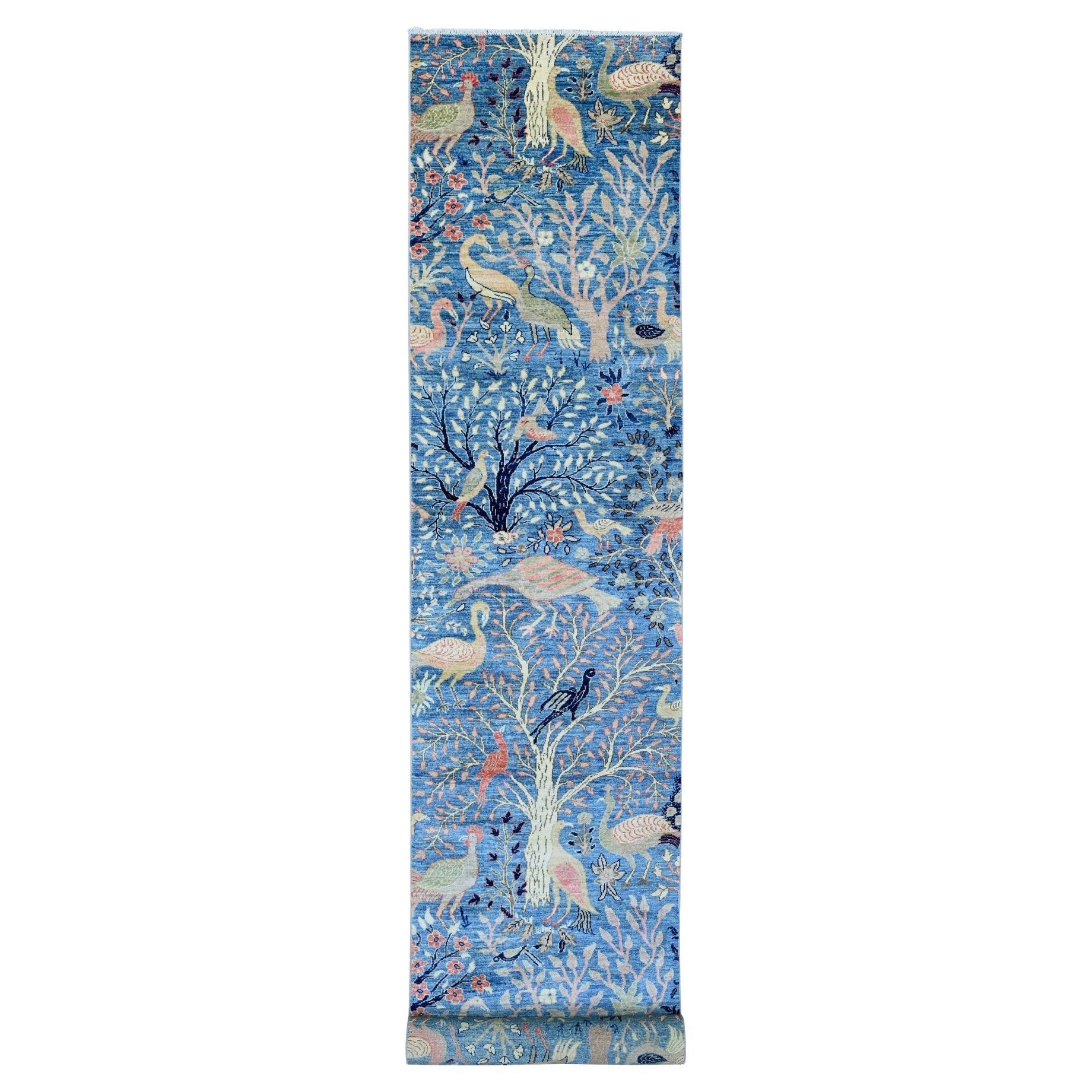 3'1 "x21'2" Blue Afghan Peshawar Birds Design Annodato a mano Tappeto Runner in Lana Morbida