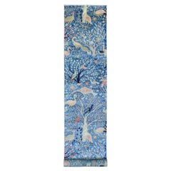 3'1 "x21'2" Tapis de course en laine douce nouée à la main, bleu Afghan Peshawar Birds Design Rugs