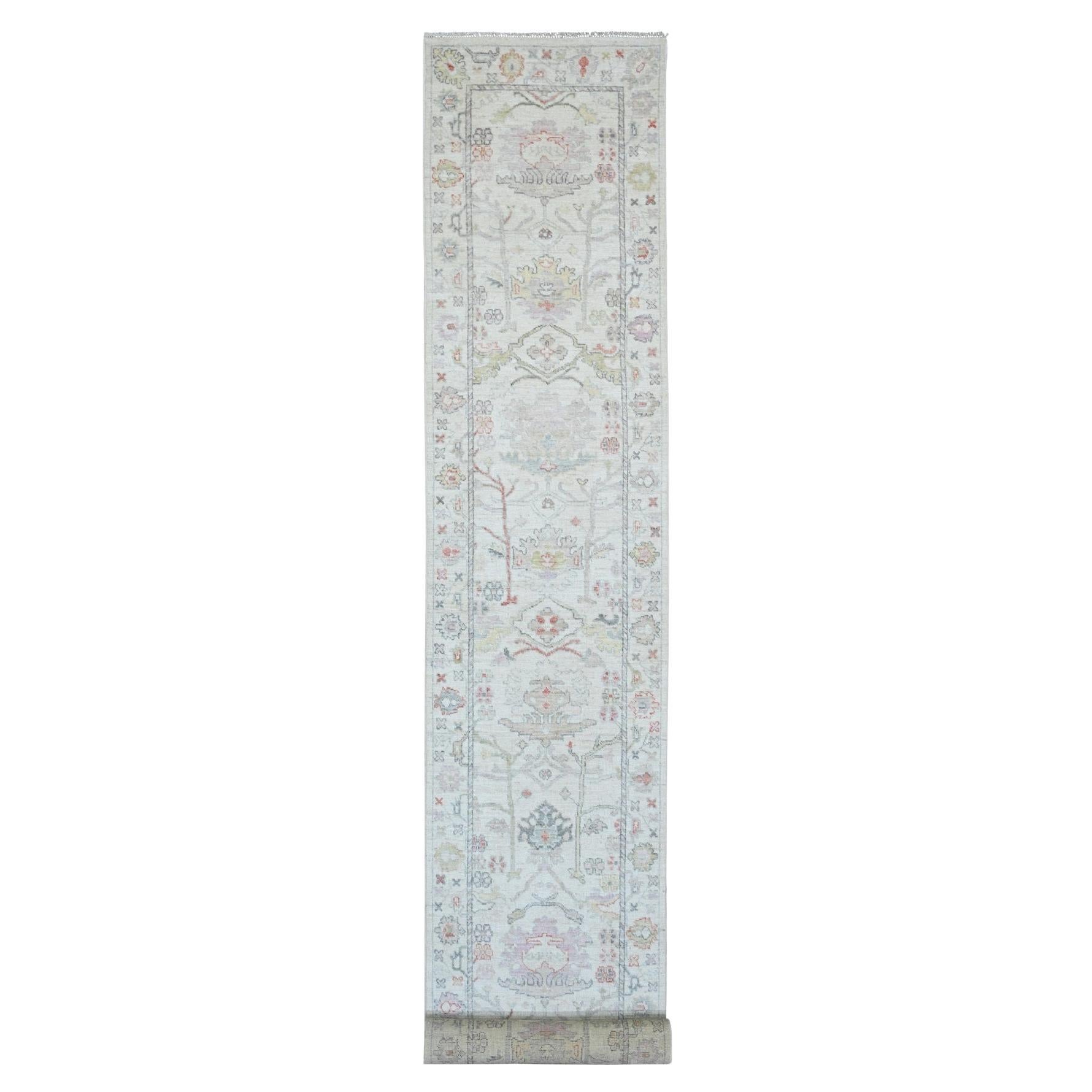 3'1"x22'4" White Afghan Angora Oushak Leaf Design Hand Knotted Wool Runner Rug