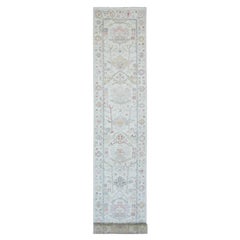 3'1"x22'4" Weißer afghanischer Angora-Läufer mit Oushak-Blattdesign aus handgeknüpfter Wolle