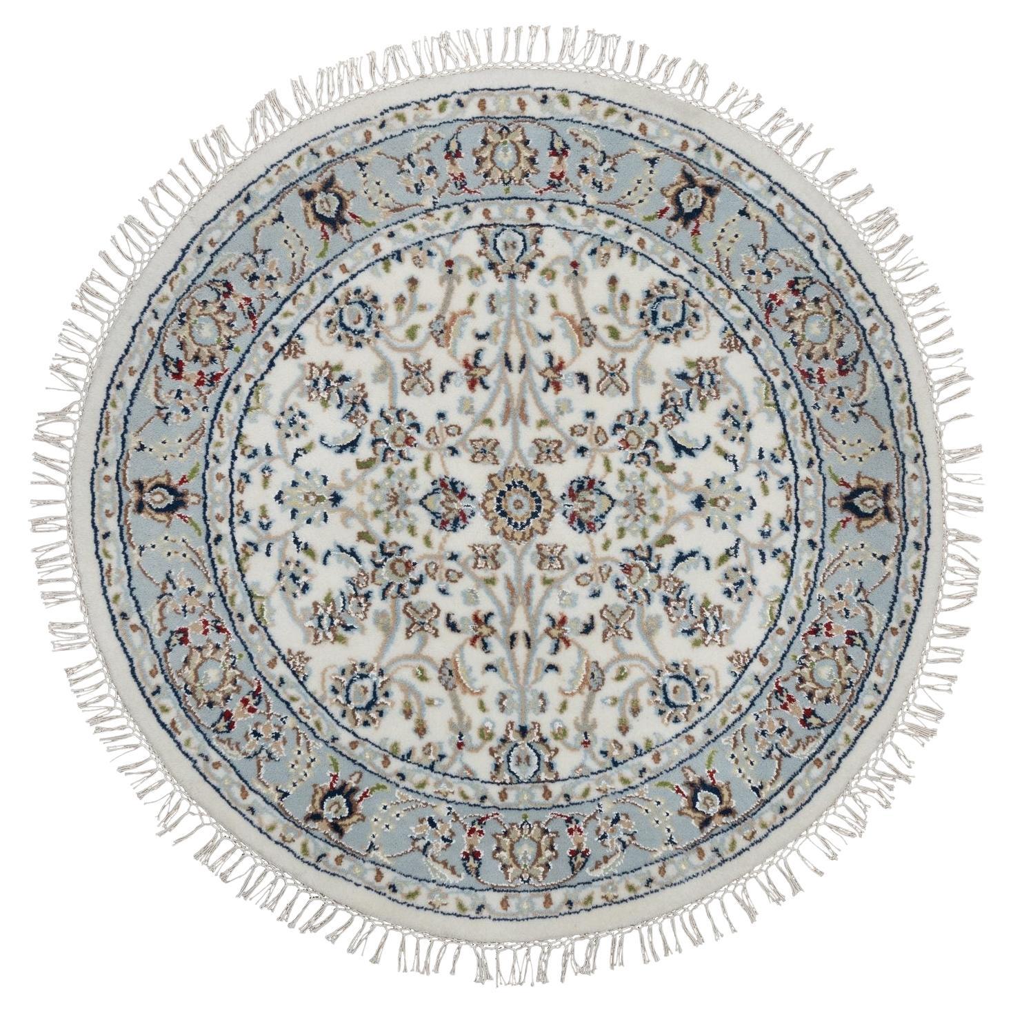 3'1"x3'1" Ivory Wool and Silk Nain with Flower Pattern Hand Knotted Round Rug