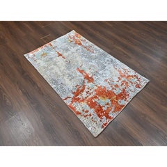 3'1"x4'10" Burnt Orange Wool and Silk Abstract Design Hand Knotted Oriental Rug