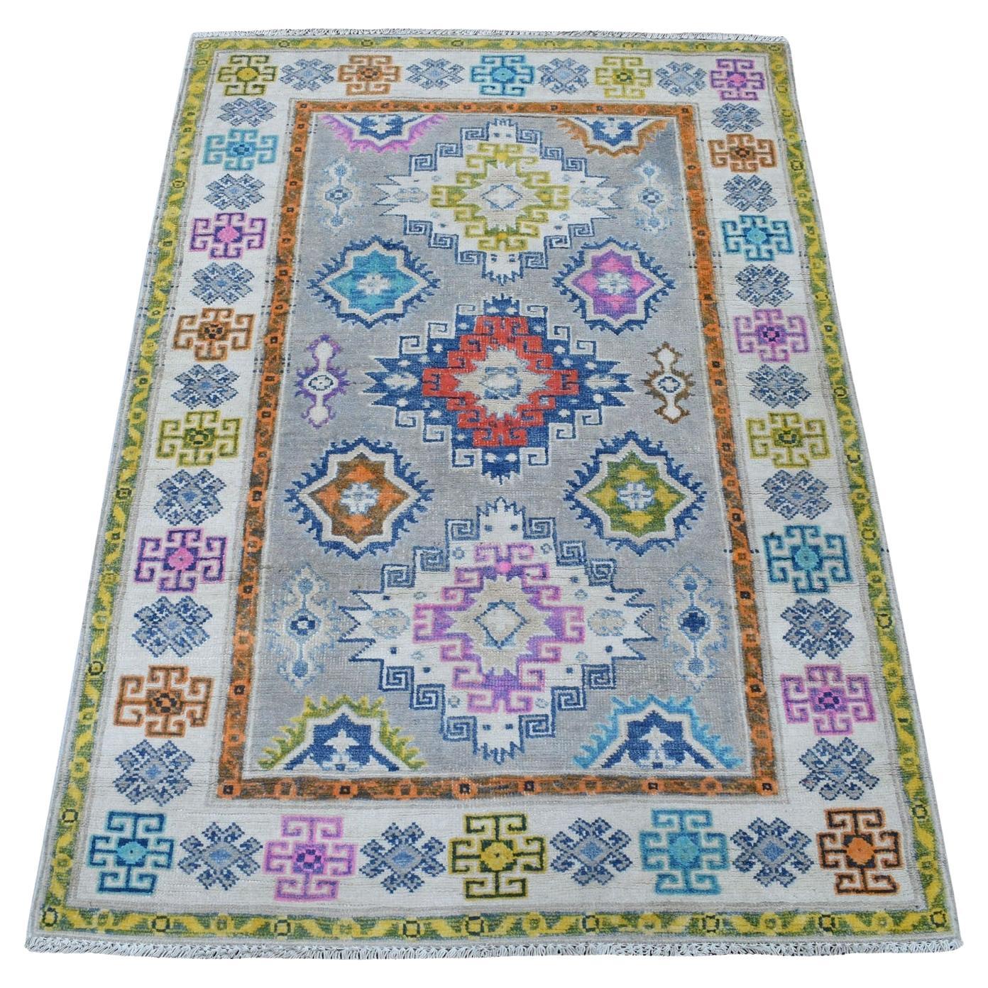 3'1"x4'10" Colorful Gray Fusion Kazak Organic Wool Hand Knotted Oriental Rug