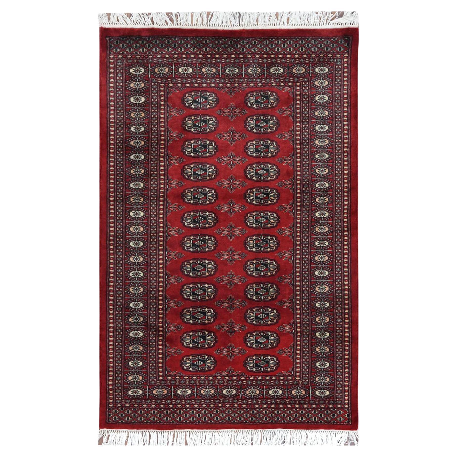 3'1"x4'10" Hand Knotted Saturated Red Silky Wool 250 KPSI Super Bokara Rug