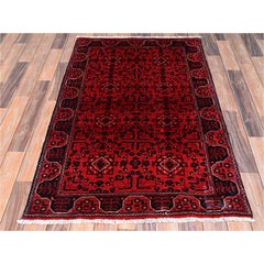 3'1"x4'10" Red Afghan Andkhoy with Tribal Motif Soft Wool Hand Knotted Rug