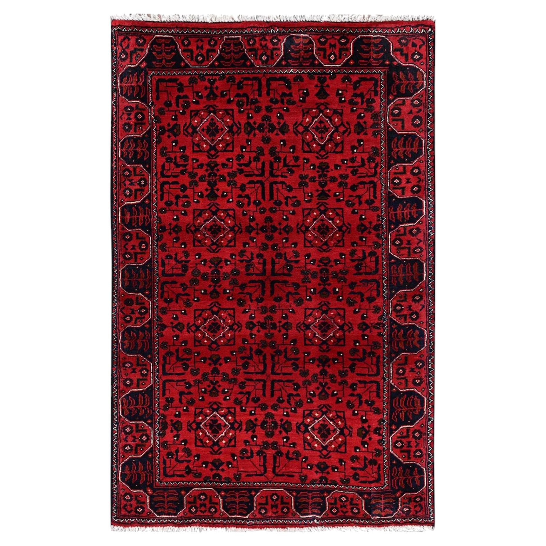 3'1"x4'10" Red Afghan Andkhoy with Tribal Motif Soft Wool Hand Knotted Rug