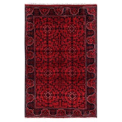 3'1"x4'10" Red Afghan Andkhoy with Tribal Motif Soft Wool Hand Knotted Rug