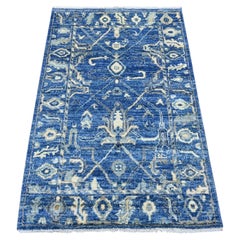 3'1"x4'8" Blue Afghan Angora Oushak All Over Design Hand Knotted Pure Wool Rug