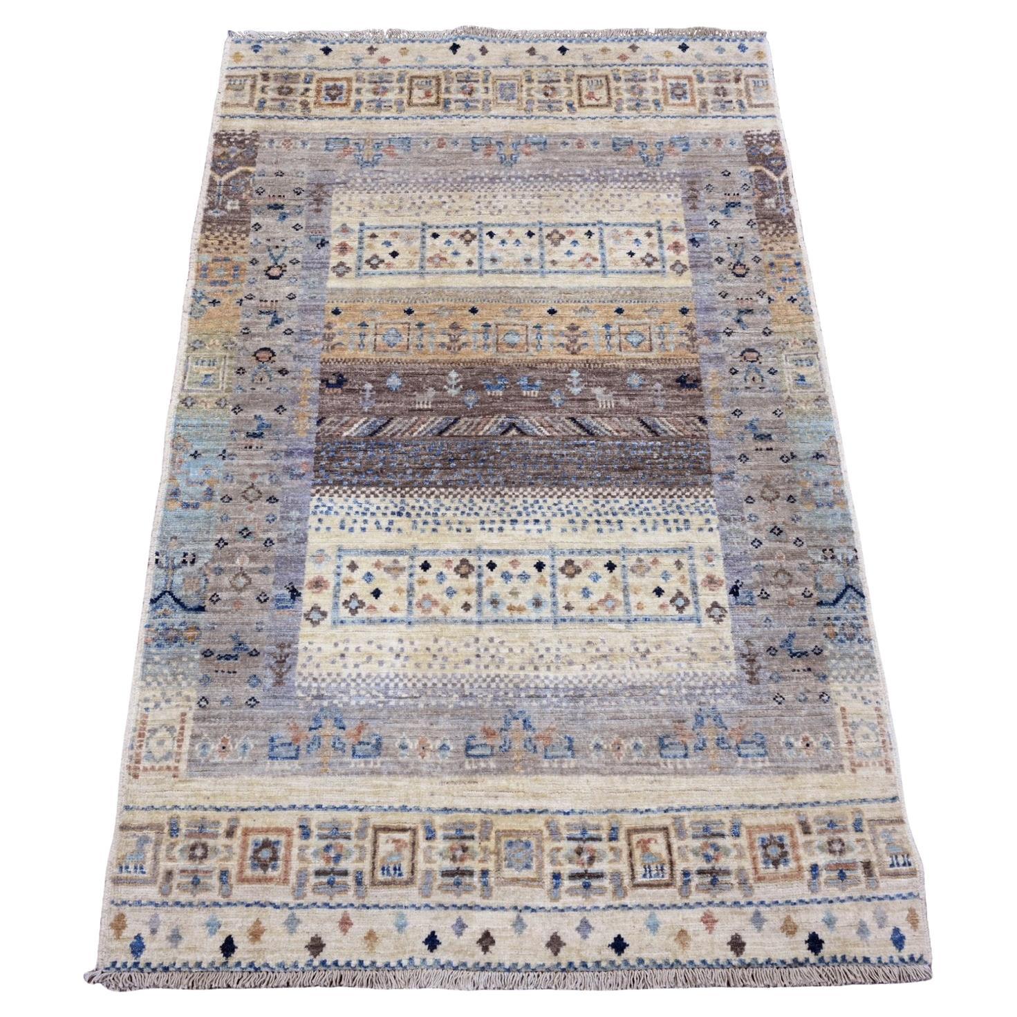 3'1"x4'8" Brown Fine Kashkuli Gabbeh Animal Figurines Hand Knotted Pure Wool Rug
