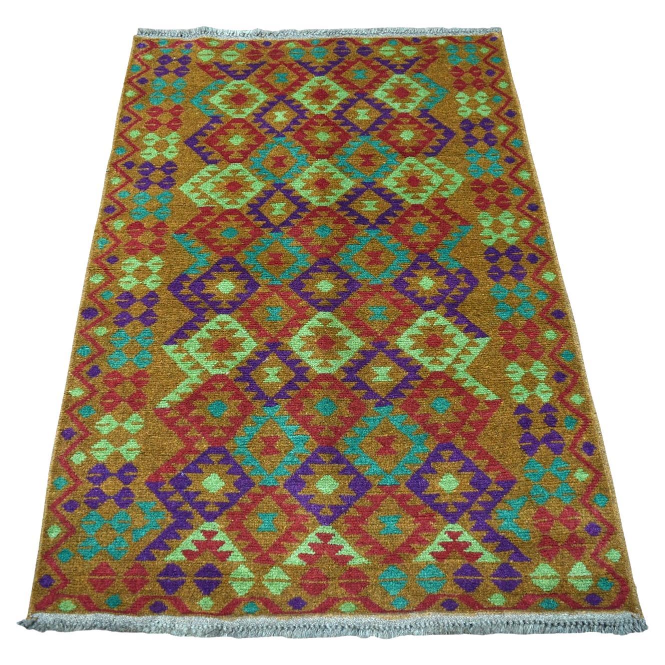 3
1 "x4
9" Brown Colorful Afghan Baluch Geometric Design Hand Knotted Wool Rug (tapis de laine nouée à la main)