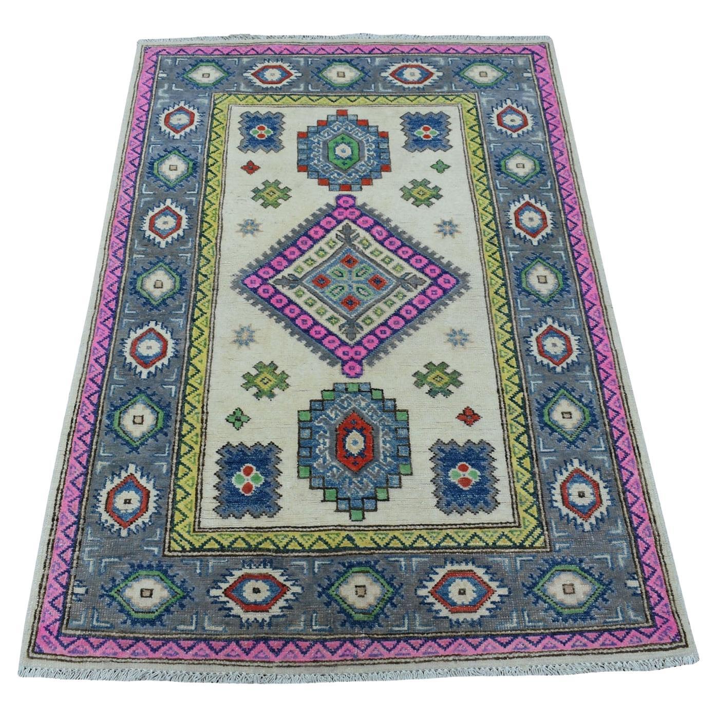 3
1 "x4
9" Bunte Elfenbein Fusion Kazak Reine Wolle Hand geknüpft Orientteppich