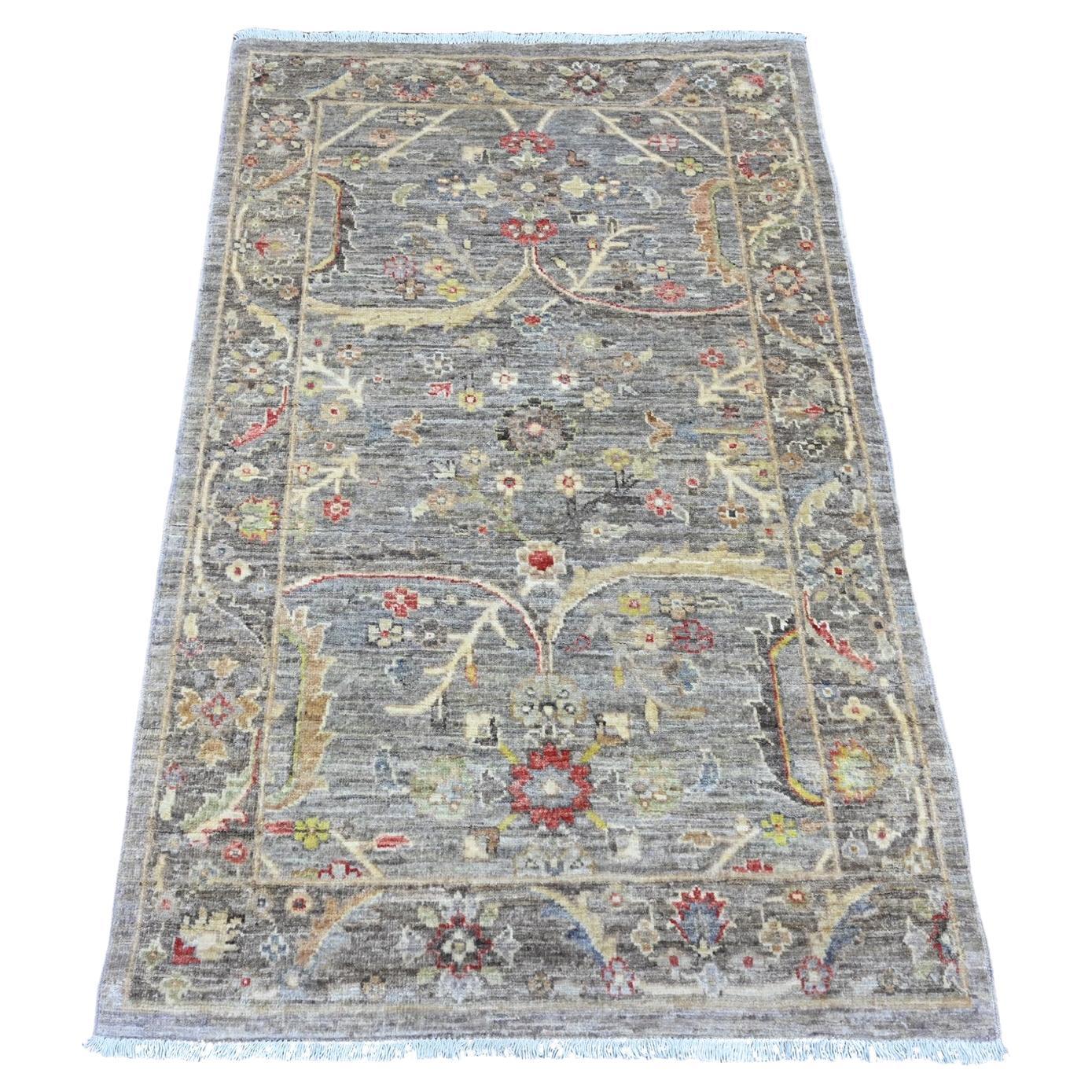 Tappeto Afghano Peshawar Heriz Grigio 3'1 "x4'9" con Design/One Annodato a Mano in Pura Lana