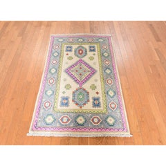 3'1"x4'9" Ivory Colorful Fusion Kazak Geometric Design Hand Knotted Wool Rug