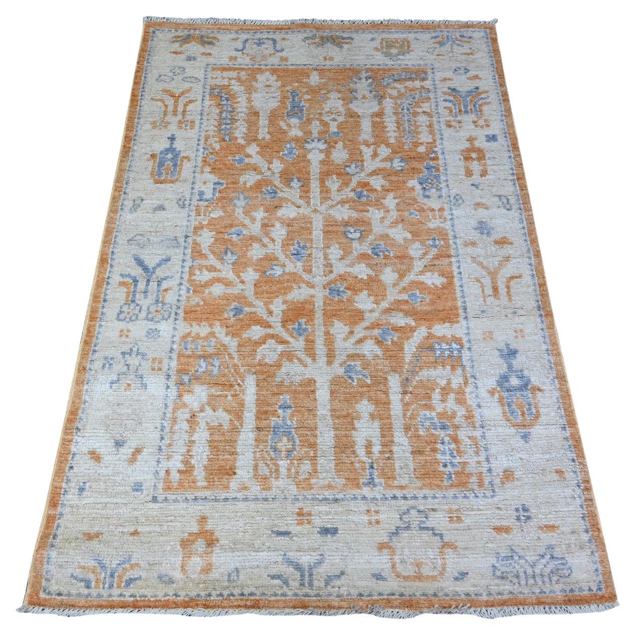 3'1"x4'9" Orange Angora Oushak Cypress Willow Tree Design Wool Hand Knotted Rug For Sale