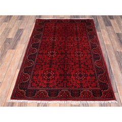 3'1"x4'9" Red Afghan Andkhoy with Tribal Design Hand Knotted Soft Wool Rug