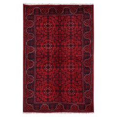 3'1"x4'9" Red Afghan Andkhoy with Tribal Design Hand Knotted Soft Wool Rug