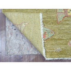 3'1"x4'9" Swamp Green Hand Knotted Afghan Peshawar Fish Design Wool Oriental Rug