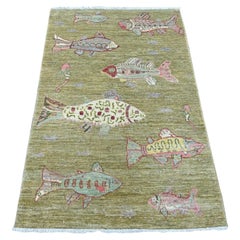 3'1"x4'9" Swamp Green Hand Knotted Afghan Peshawar Fish Design Wool Oriental Rug