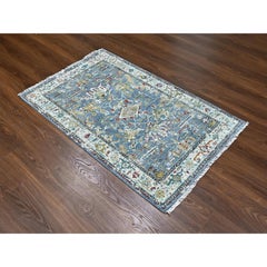 3'1"x5' Albatross Blue Erased Design Heris Wool Hand Knotted Oriental Rug