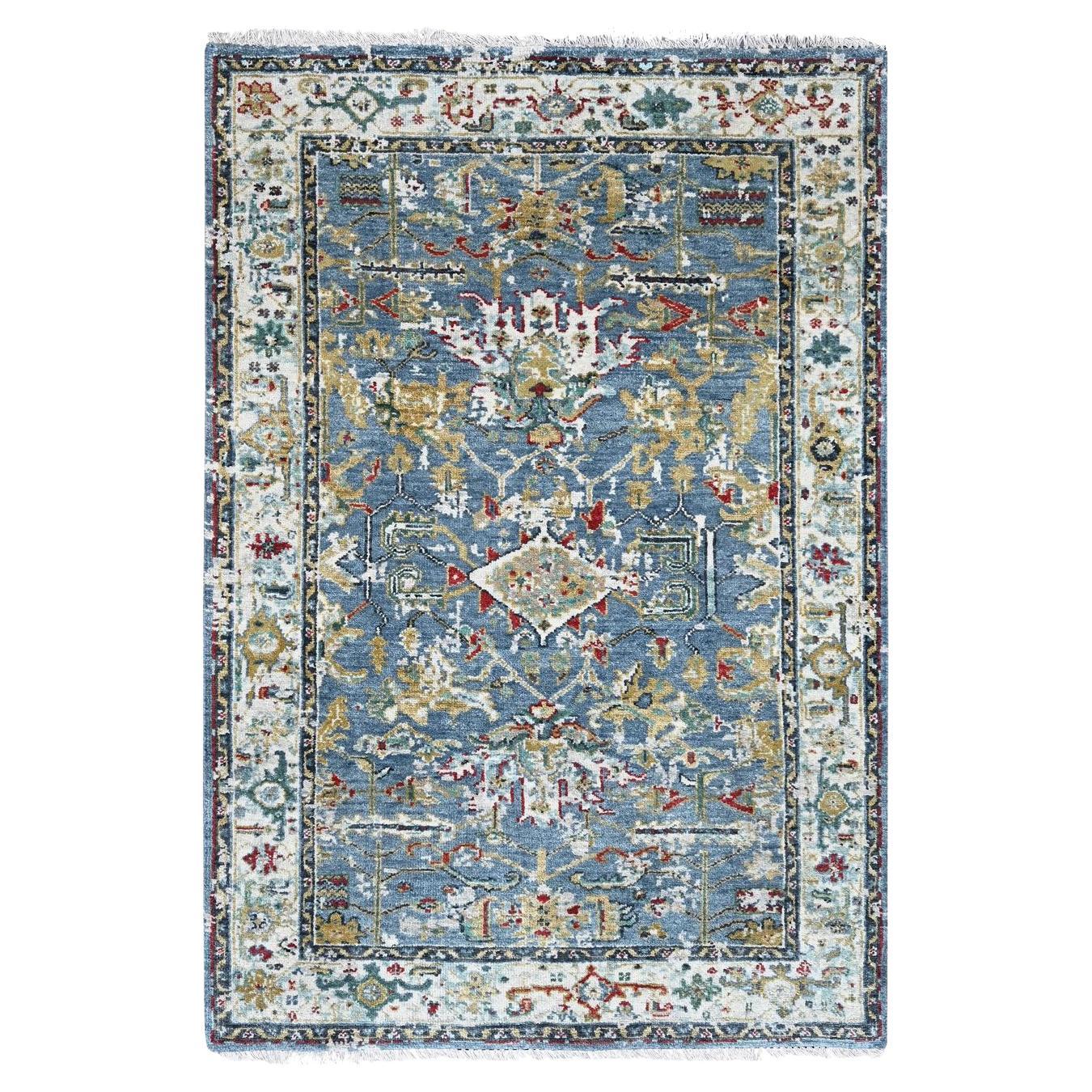 3'1 "x5' Albatross Blue Erased Design Heris Tappeto orientale in lana annodato a mano