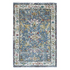 3'1 "x5' Albatross Blue Erased Design Heris Tappeto orientale in lana annodato a mano