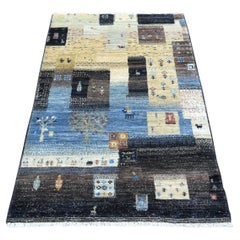 3'1"x5' Black Afghan Kashkuli Gabbeh Hand Knotted Natural Wool Oriental Rug