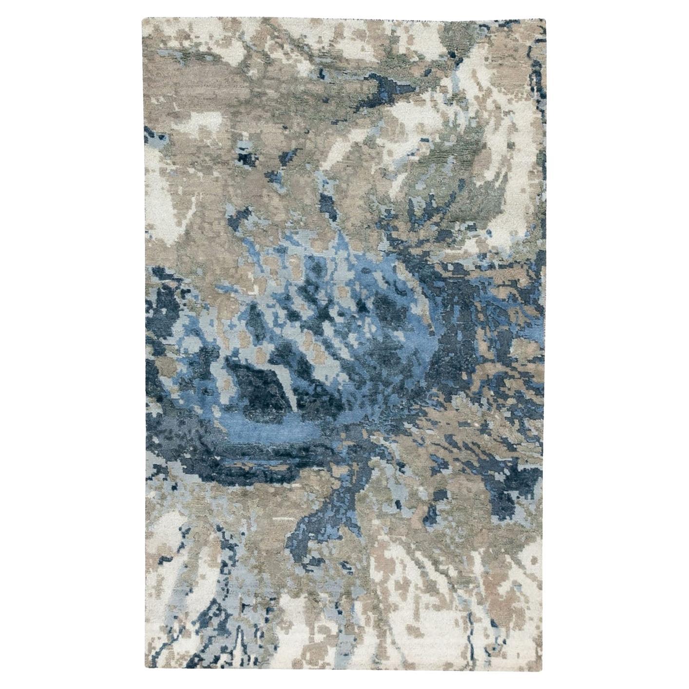 3'1 "x5' Blau-Elfenbein Abstraktes Design Wolle und Seide Hi-low Pile Handgeknüpfter Teppich im Angebot