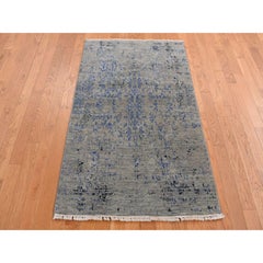 3'1"x5' Fossil Gray Wool and Silk Broken Design Tone on Tone Hand Knotted Rug