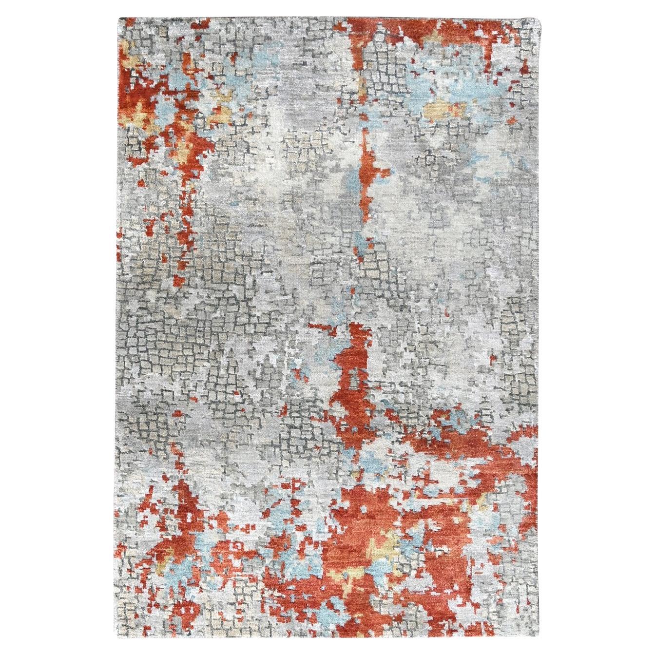 3'1 "x5' Gainsboro Tappeto grigio in lana e seta annodato a mano con disegno a mosaico di fuoco in vendita