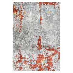 3'1"x5' Gainsboro Gray Wool And Silk Hand Knotted Fire Mosaic Design Rug