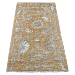 3'1"x5' Golden Brown Hand Knotted Afghan Angora Oushak Pure Wool Oriental Rug