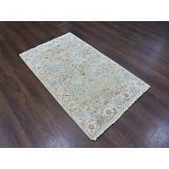 3'1"x5' Green Oushak with Floral Motifs Hand Knotted Pure Wool Oriental Rug