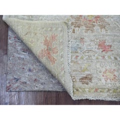 3'1"x5' Light Gray Afghan Angora Oushak Leaf Design Hand Knotted Pure Wool Rug