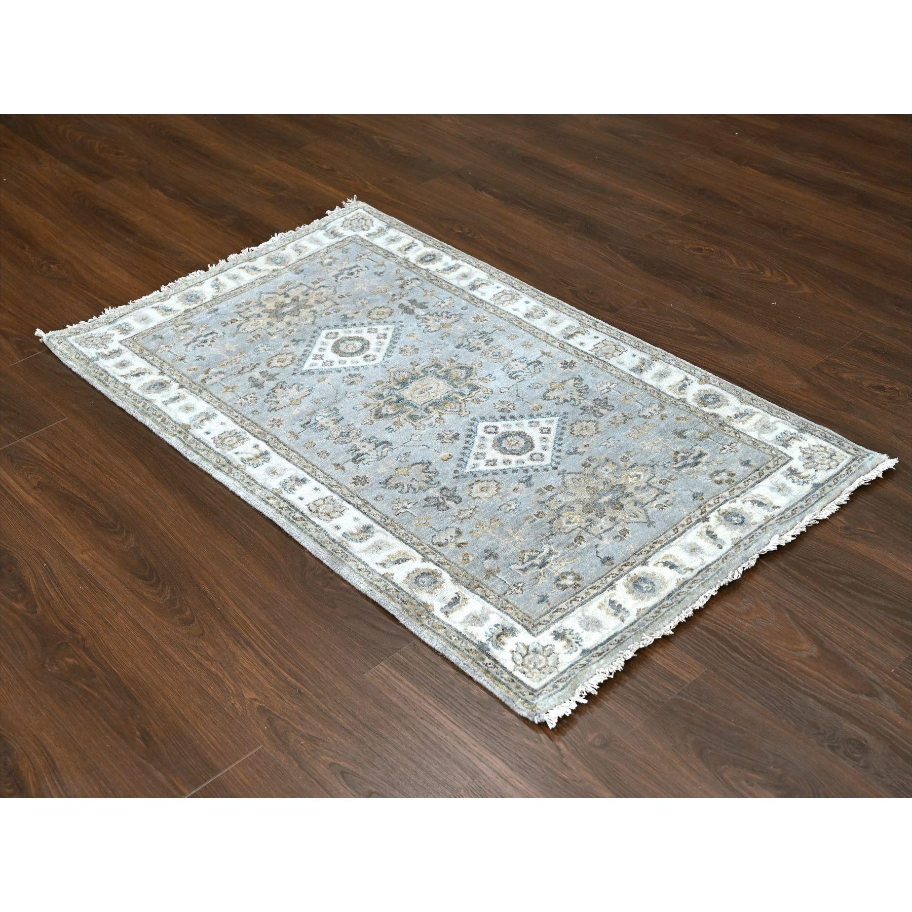 Medium Gray, 100% Wool, Hand Knotted, Karajeh and Geometric Design, Oriental Rug
Primary materials: Wool
Latex: No Pile 
height: 0.25 Inches
Style: Traditional
Primary color: Grey
Secondary colors: Brown, Beige, Gold, Blue
Pattern: Oriental