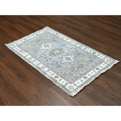 3'1"x5' Misty Gray Hand Knotted Karajooh Design Natural Wool Oriental Rug