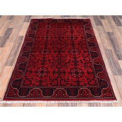 3'1"x5' Red Afghan Andkhoy with Tribal Design Hand Knotted Wool Oriental Rug